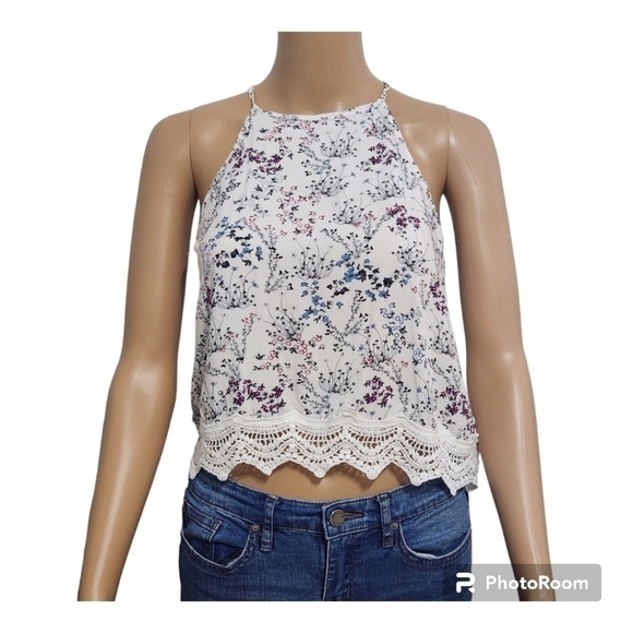 ❤2/15❤garage Crochet Hem Trim Floral Halter Crop Top - Picture 1 of 8